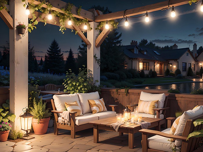Patio looking out to neighborhood with gazebo, string lights, brown wood furniture decorated with white and yellow cushions at night. 